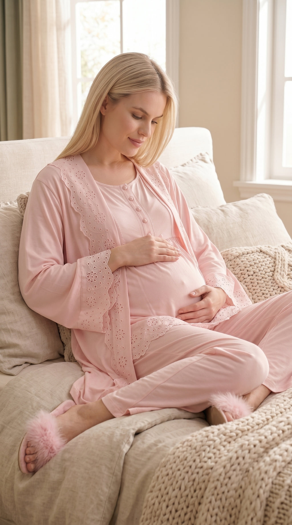Yeni Sezon Pudra Fisto Keten Detaylı Özel Tasarım %100 Pamuk Emzirme Özellikli Hamile Lohusa Sabahlıklı Pijama Takımı Seti 33011