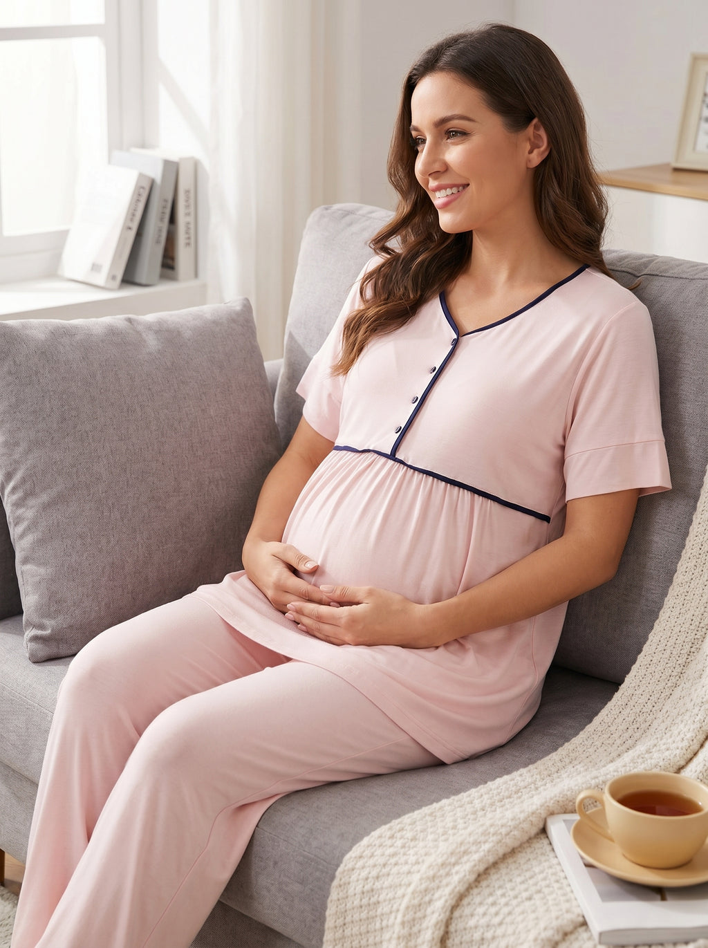 Yeni Sezon Pembe Volan Kollu Biyeli %100 Pamuk Yazlık Özel Tasarım Hamile Lohusa Sabahlıklı Pijama Takımı Seti 2045