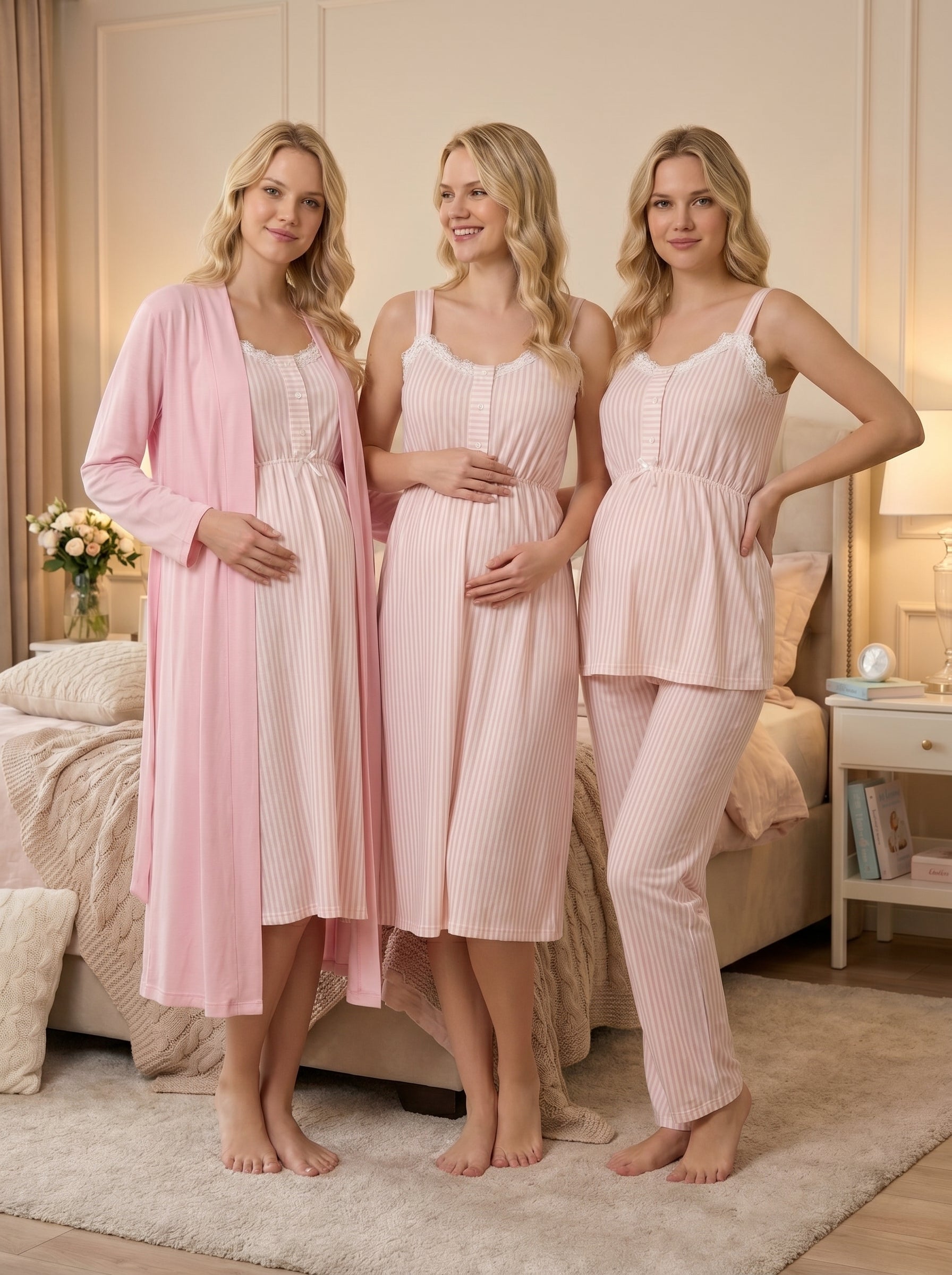 Yeni Sezon Pembe Çizgili Yazlık Dantel Detaylı Emzirme Özellikli Tasarım Askılı Hamile Lohusa Sabahlık Gecelik Pijama Takımı 4'Lü Lohusa Seti 14096