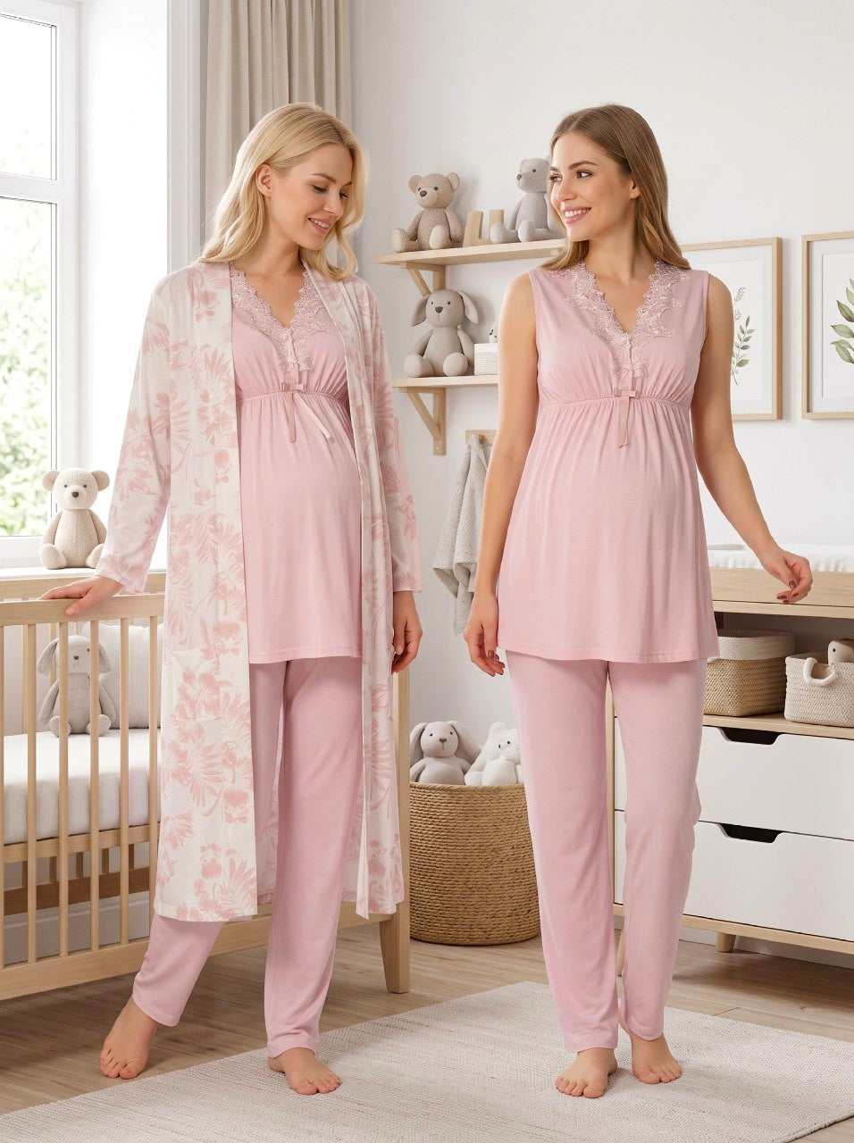 Yeni Sezon Pudra Geniş Askılı Dantel Detaylı Tasarım Emzirme Özellikli Hamile Lohusa Sabahlıklı Pijama Takımı Seti 18034
