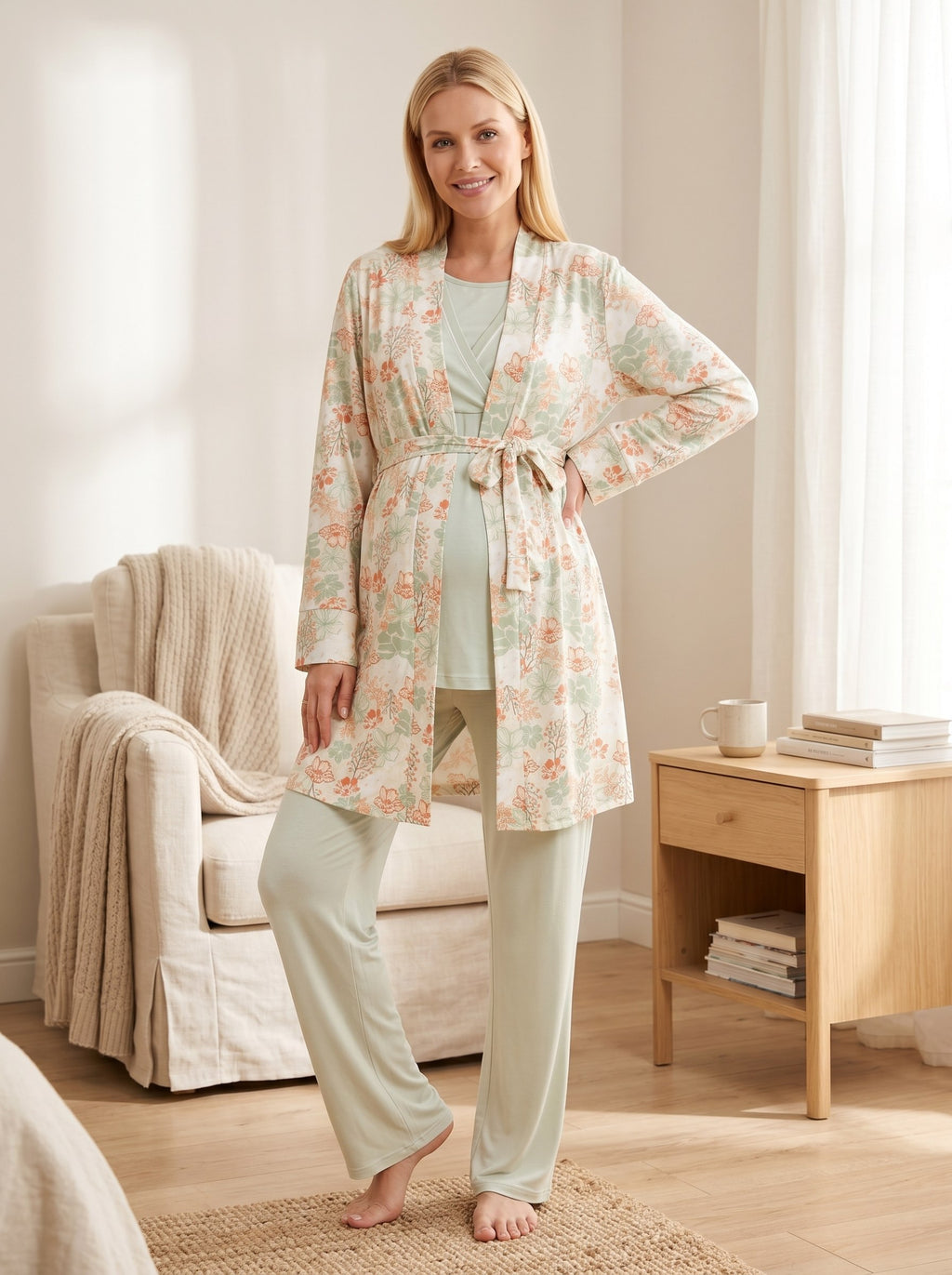 Yeni Sezon Yeşil Desenli Yazlık Özel Tasarım Emzirme Özellikli Kısa Kol Lohusa Hamile Sabahlıklı Pijama Takımı Seti R713