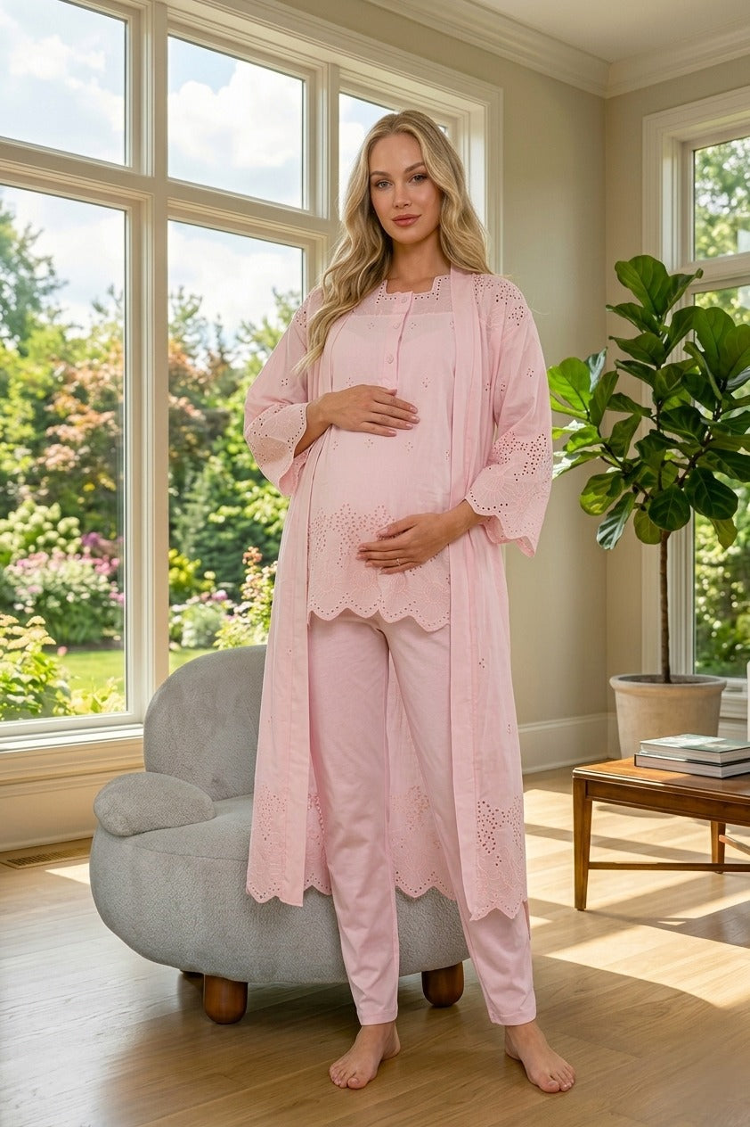 Yeni Sezon Pudra Fisto Keten Detaylı Özel Tasarım Yazlık %100 Pamuk Hamile Lohusa Sabahlıklı Pijama Takımı Seti 9024