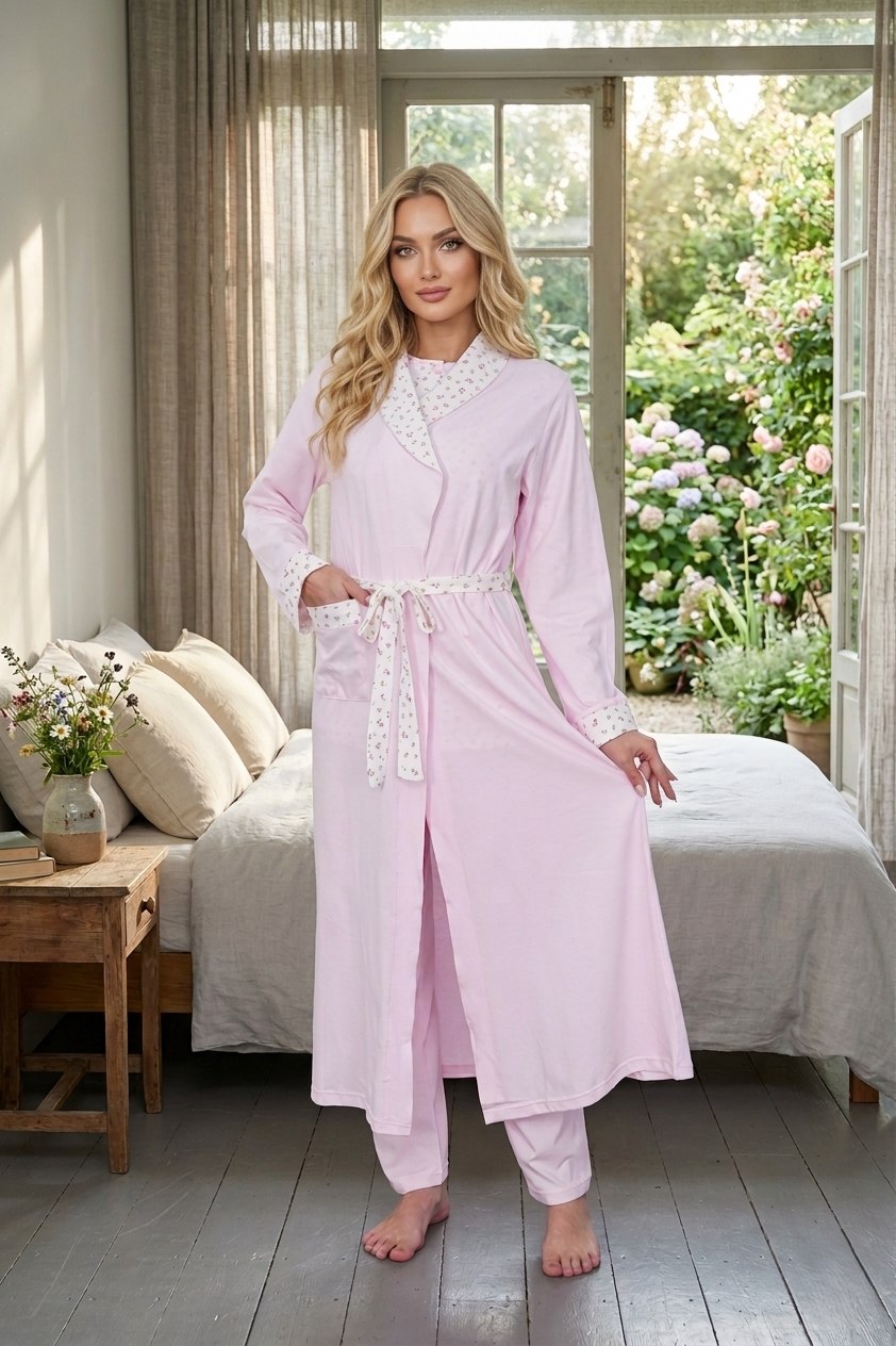 Yeni Sezon Kadın Şal Yaka Pembe Desenli Düğmeli Pamuk Büyük Beden Battal Boy Sabahlık Pijama Takımı Seti 6398