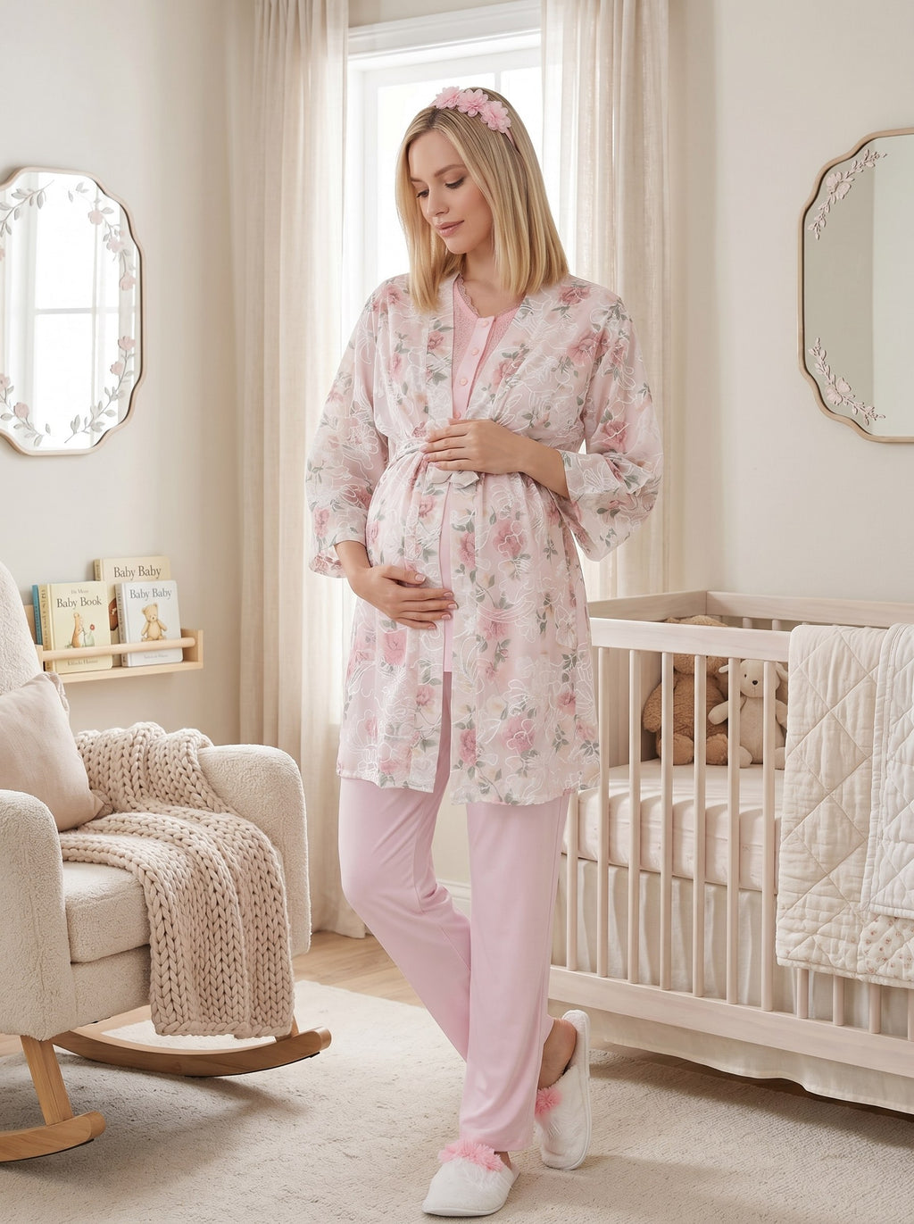 Yeni Sezon Pembe Dokuma Sabahlıklı Kısa Kollu Yazlık Özel Tasarım Hamile Lohusa Sabahlıklı Pijama Takımı Seti 96