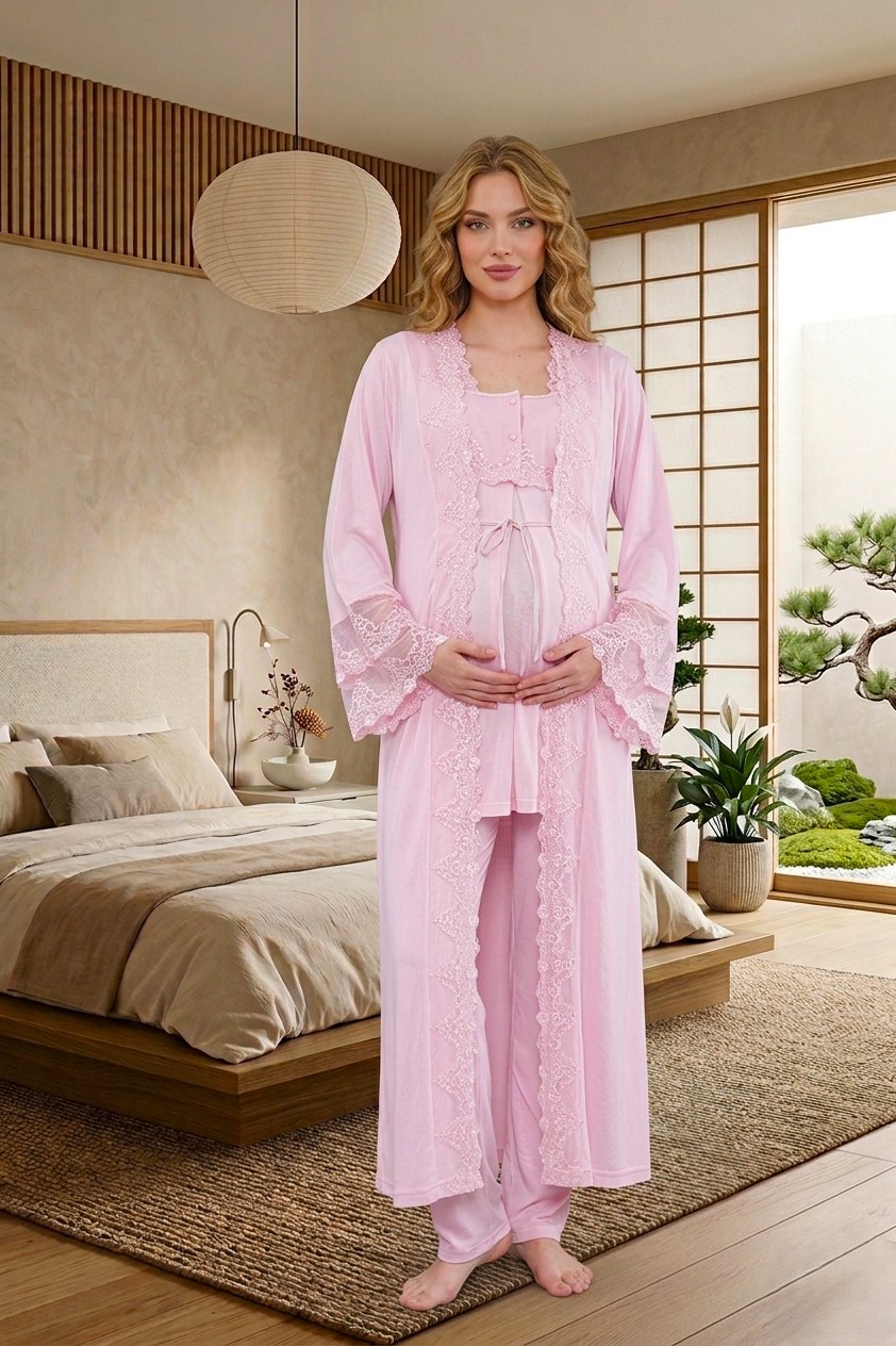 Yeni Sezon Pudra Uzun Sabahlıklı Özel Dantel Detaylı Tasarım %100 Pamuk Hamile Lohusa Sabahlıklı Pijama Takımı Seti 15011