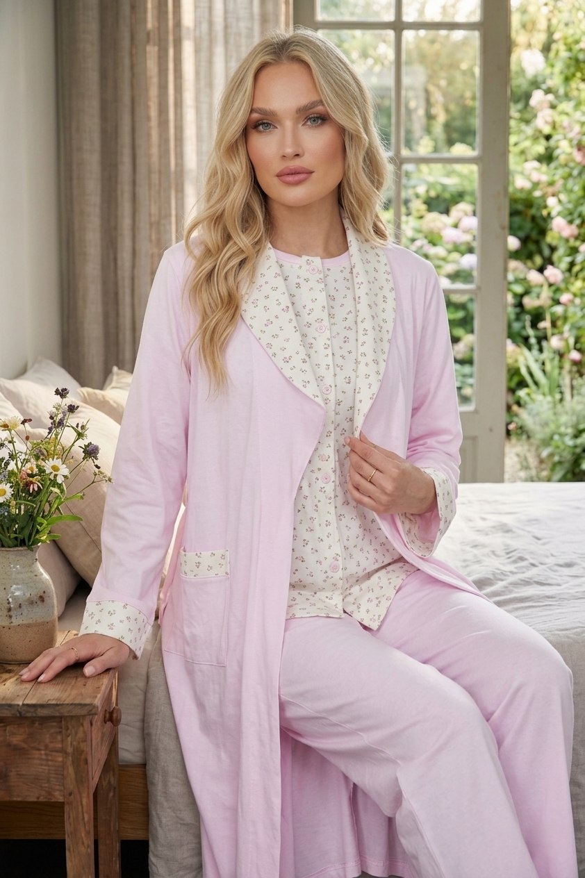Yeni Sezon Kadın Şal Yaka Pembe Desenli Düğmeli Pamuk Büyük Beden Battal Boy Sabahlık Pijama Takımı Seti 6398