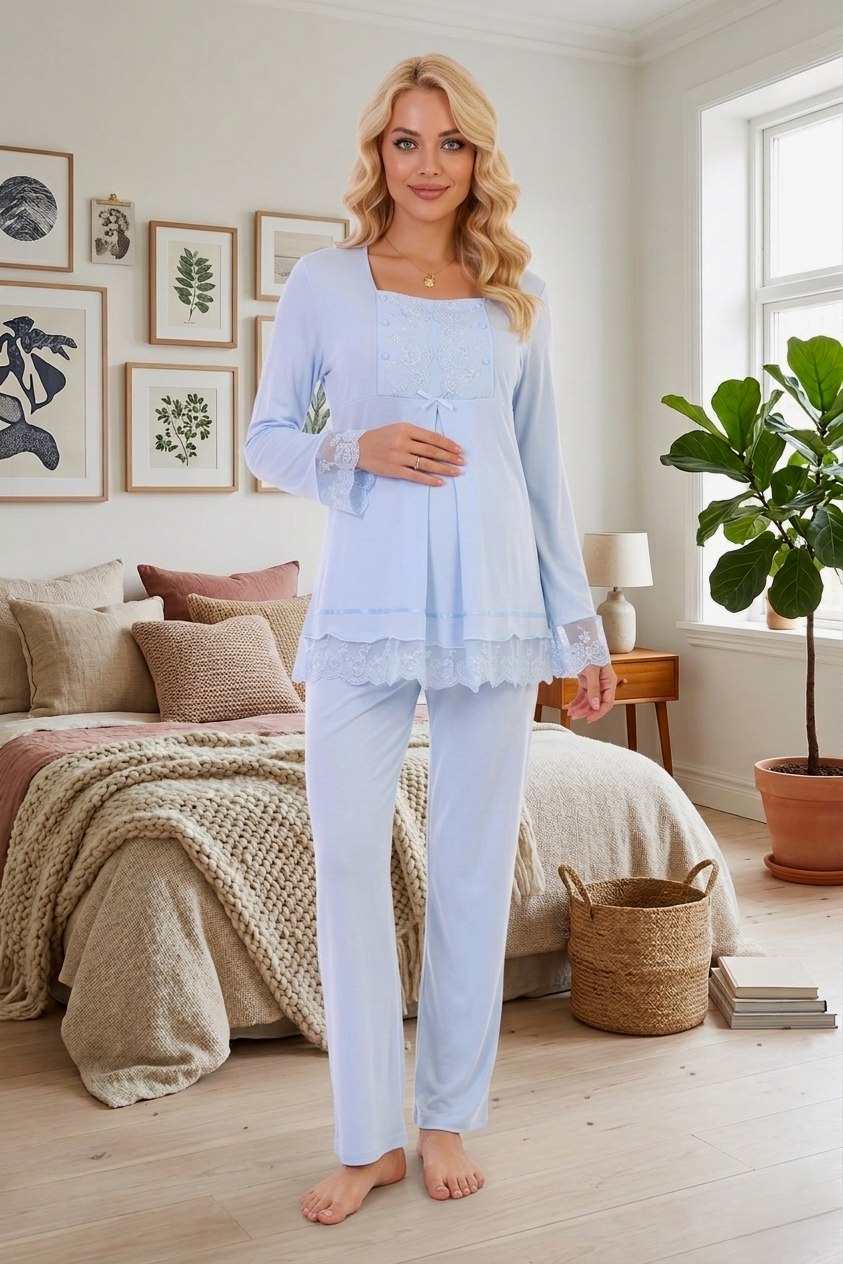 Yeni Sezon Kadın Mavi Dantelli Düğmeli Özel Tasarım %100 Pamuk Hamile Lohusa Pijama Takımı 3045