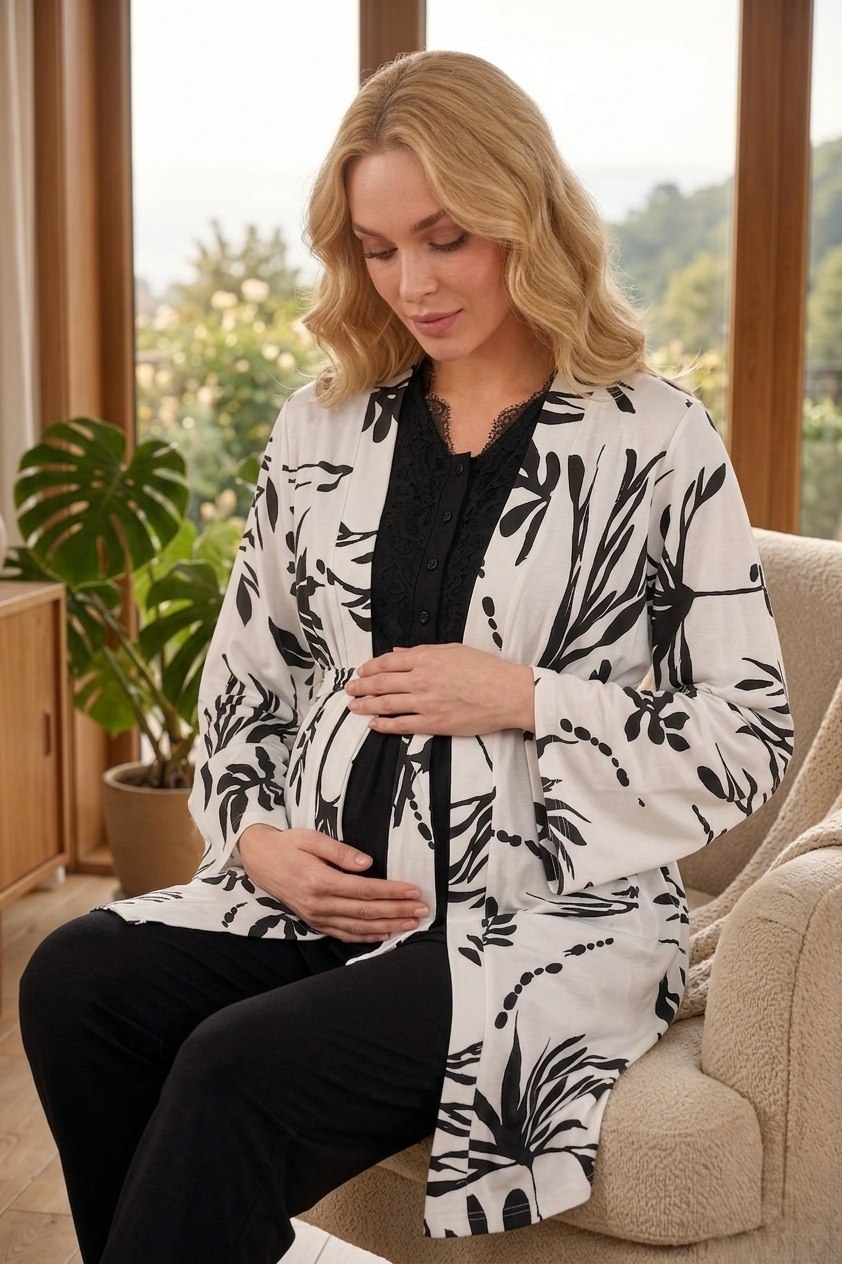 Yeni Sezon Siyah Desenli Yazlık Özel Tasarım Hamile Sabahlıklı Pijama Takımı Seti 123