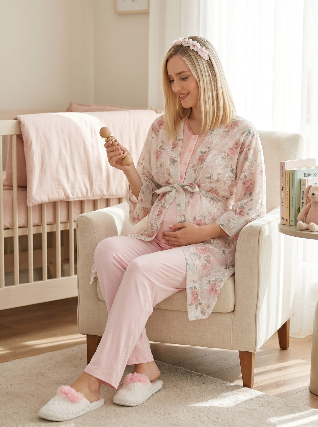 Yeni Sezon Pembe Dokuma Sabahlıklı Kısa Kollu Yazlık Özel Tasarım Hamile Lohusa Sabahlıklı Pijama Takımı Seti 96