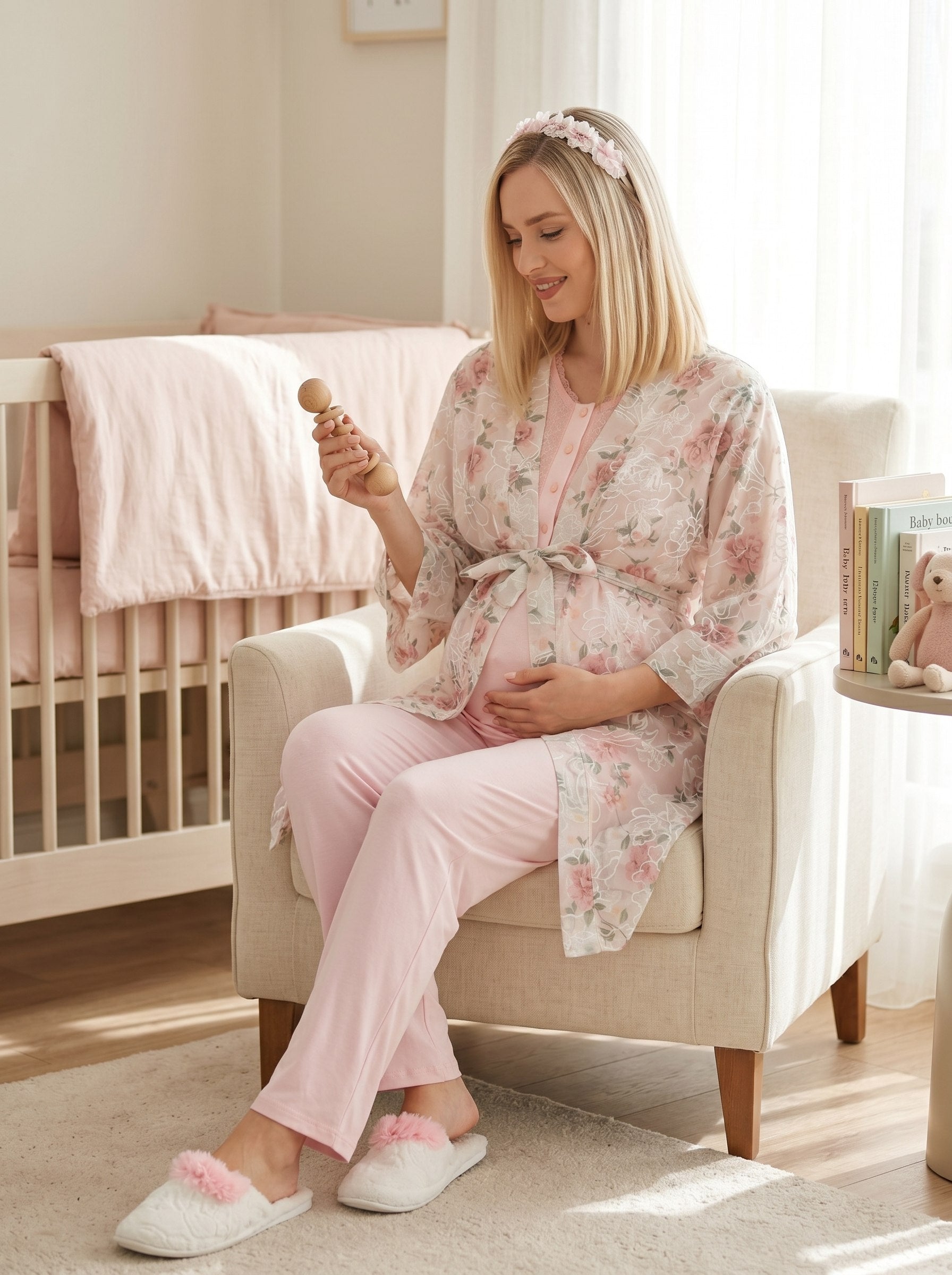 Yeni Sezon Pembe Dokuma Sabahlıklı Kısa Kollu Yazlık Özel Tasarım Hamile Lohusa Sabahlıklı Pijama Takımı Seti 96