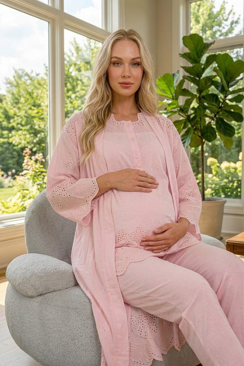 Yeni Sezon Pudra Fisto Keten Detaylı Özel Tasarım Yazlık %100 Pamuk Hamile Lohusa Sabahlıklı Pijama Takımı Seti 9024
