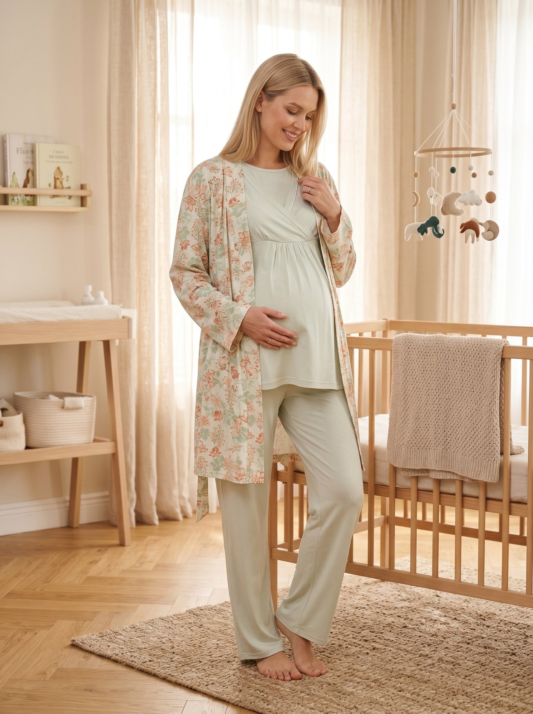 Yeni Sezon Yeşil Desenli Yazlık Özel Tasarım Emzirme Özellikli Kısa Kol Lohusa Hamile Sabahlıklı Pijama Takımı Seti R713