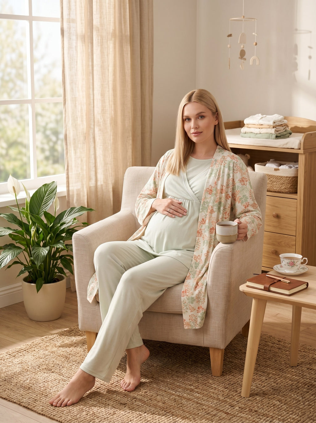 Yeni Sezon Yeşil Desenli Yazlık Özel Tasarım Emzirme Özellikli Kısa Kol Lohusa Hamile Sabahlıklı Pijama Takımı Seti R713