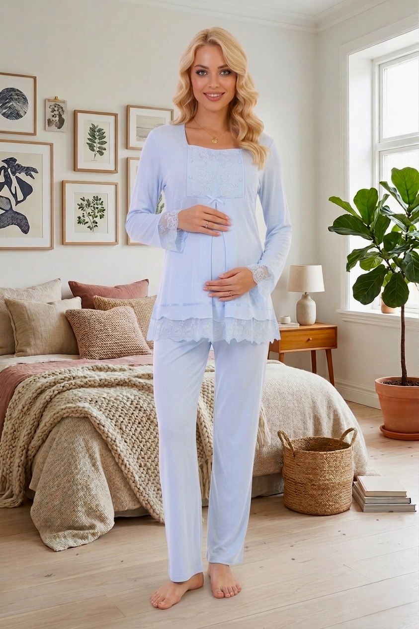 Yeni Sezon Kadın Mavi Dantelli Düğmeli Özel Tasarım %100 Pamuk Hamile Lohusa Pijama Takımı 3045