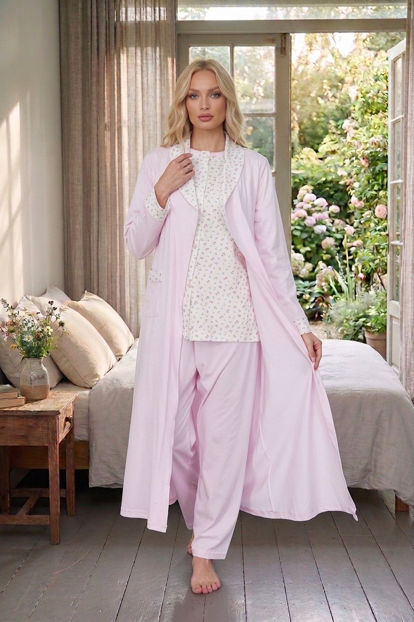 Yeni Sezon Kadın Şal Yaka Pembe Desenli Düğmeli Pamuk Büyük Beden Battal Boy Sabahlık Pijama Takımı Seti 6398