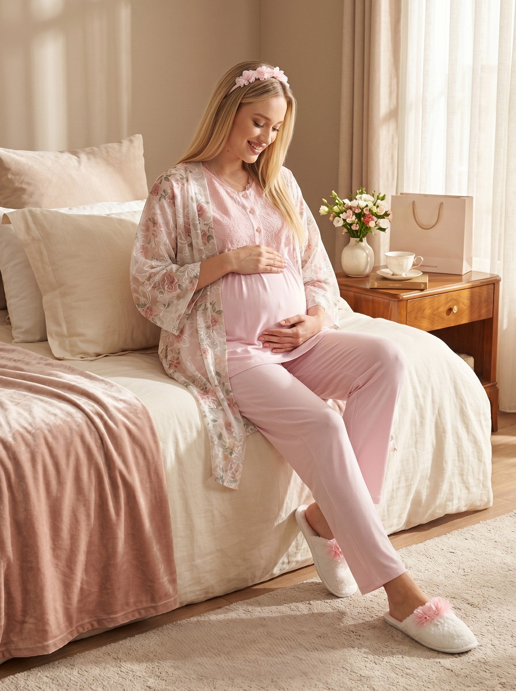 Yeni Sezon Pembe Dokuma Sabahlıklı Kısa Kollu Yazlık Özel Tasarım Hamile Lohusa Sabahlıklı Pijama Takımı Seti 96