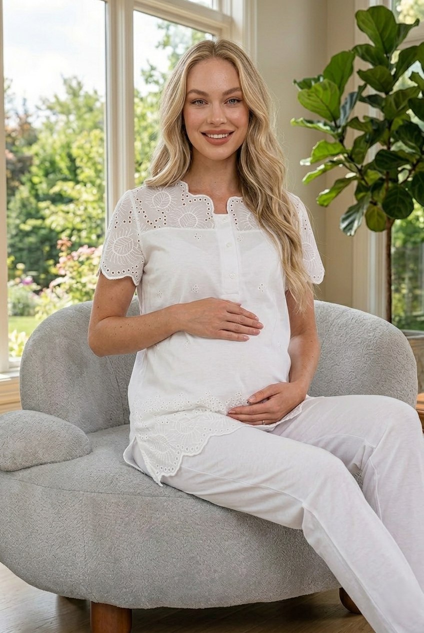 Yeni Sezon Ekru Fisto Keten Detaylı Özel Tasarım Yazlık %100 Pamuk Hamile Lohusa Pijama Takımı 9022