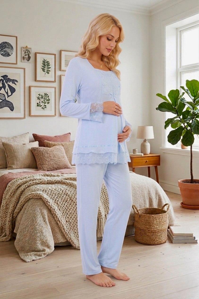 Yeni Sezon Kadın Mavi Dantelli Düğmeli Özel Tasarım %100 Pamuk Hamile Lohusa Pijama Takımı 3045