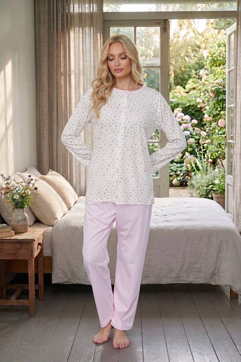 Yeni Sezon Kadın Şal Yaka Pembe Desenli Düğmeli Pamuk Büyük Beden Battal Boy Sabahlık Pijama Takımı Seti 6398