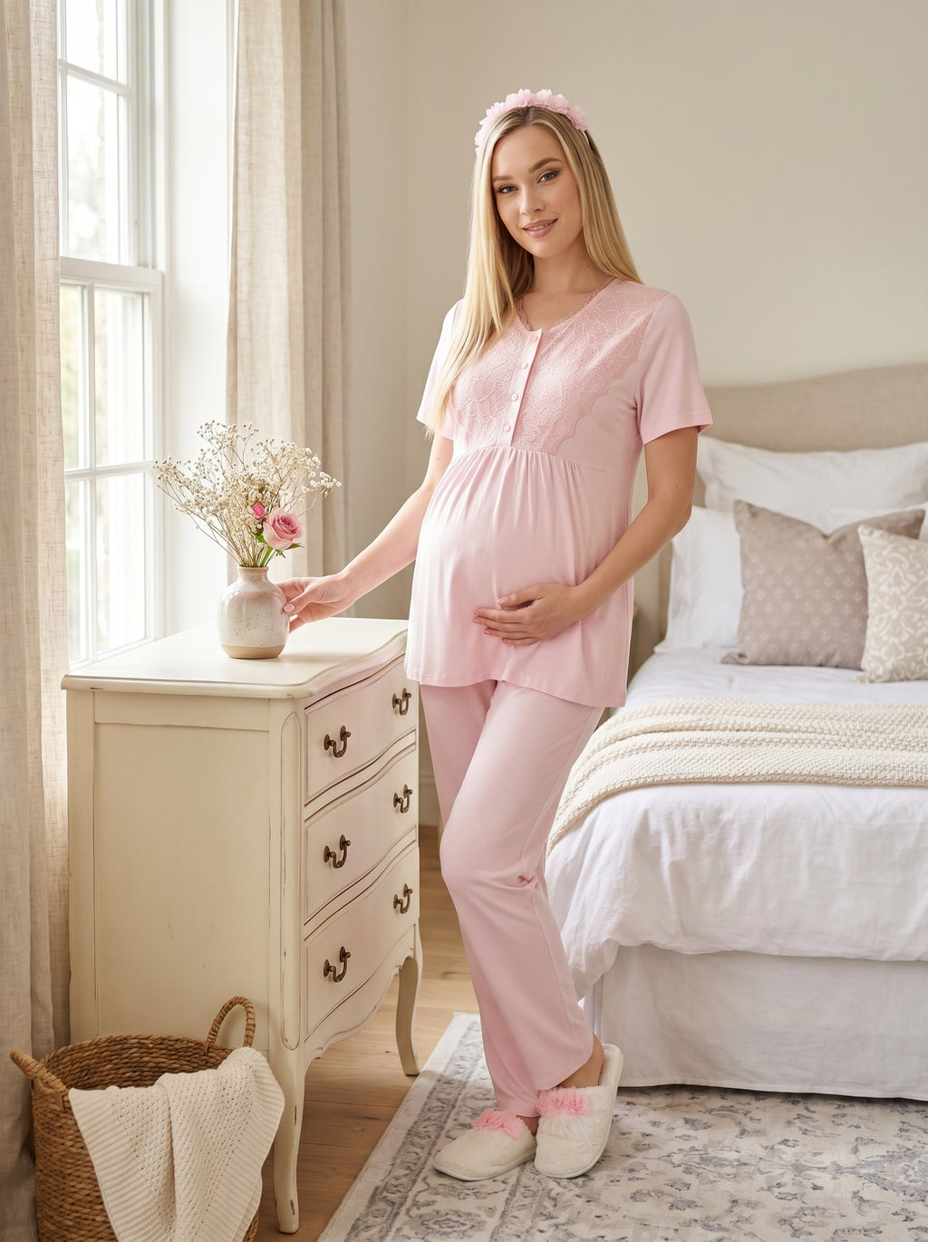 Yeni Sezon Pembe Dokuma Sabahlıklı Kısa Kollu Yazlık Özel Tasarım Hamile Lohusa Sabahlıklı Pijama Takımı Seti 96
