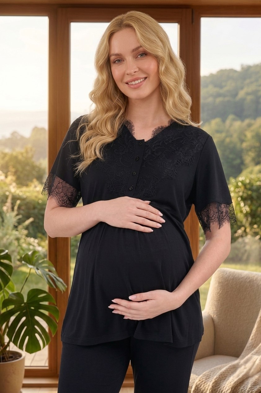 Yeni Sezon Siyah Desenli Yazlık Özel Tasarım Hamile Sabahlıklı Pijama Takımı Seti 123
