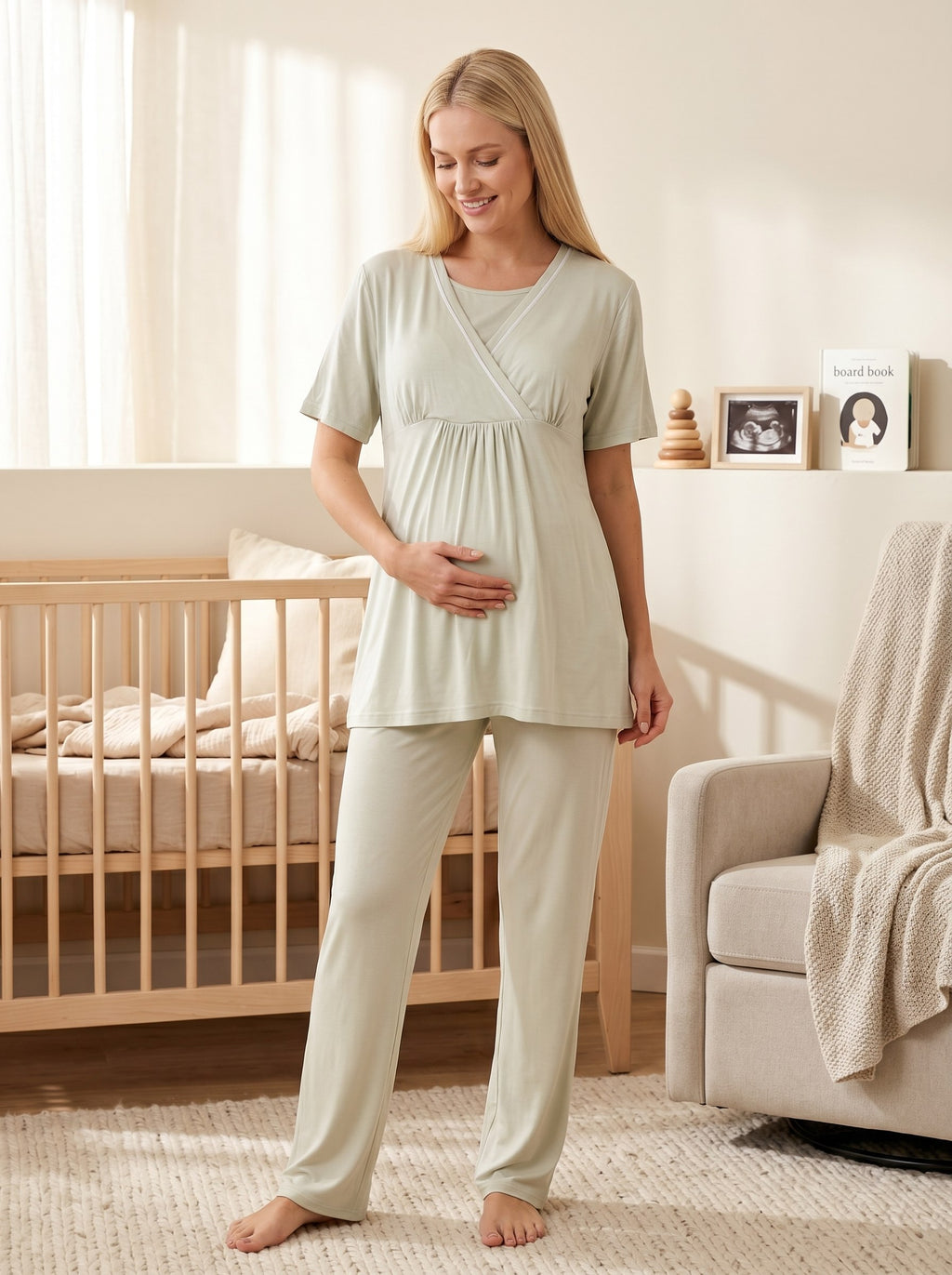 Yeni Sezon Yeşil Desenli Yazlık Özel Tasarım Emzirme Özellikli Kısa Kol Lohusa Hamile Sabahlıklı Pijama Takımı Seti R713