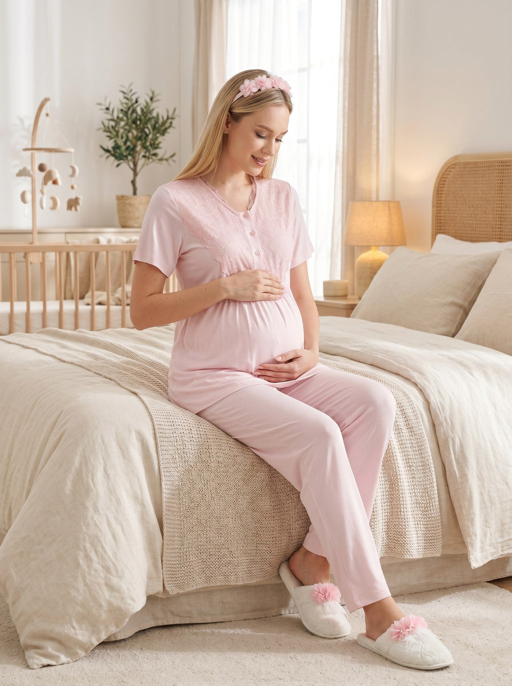 Yeni Sezon Pembe Dokuma Sabahlıklı Kısa Kollu Yazlık Özel Tasarım Hamile Lohusa Sabahlıklı Pijama Takımı Seti 96