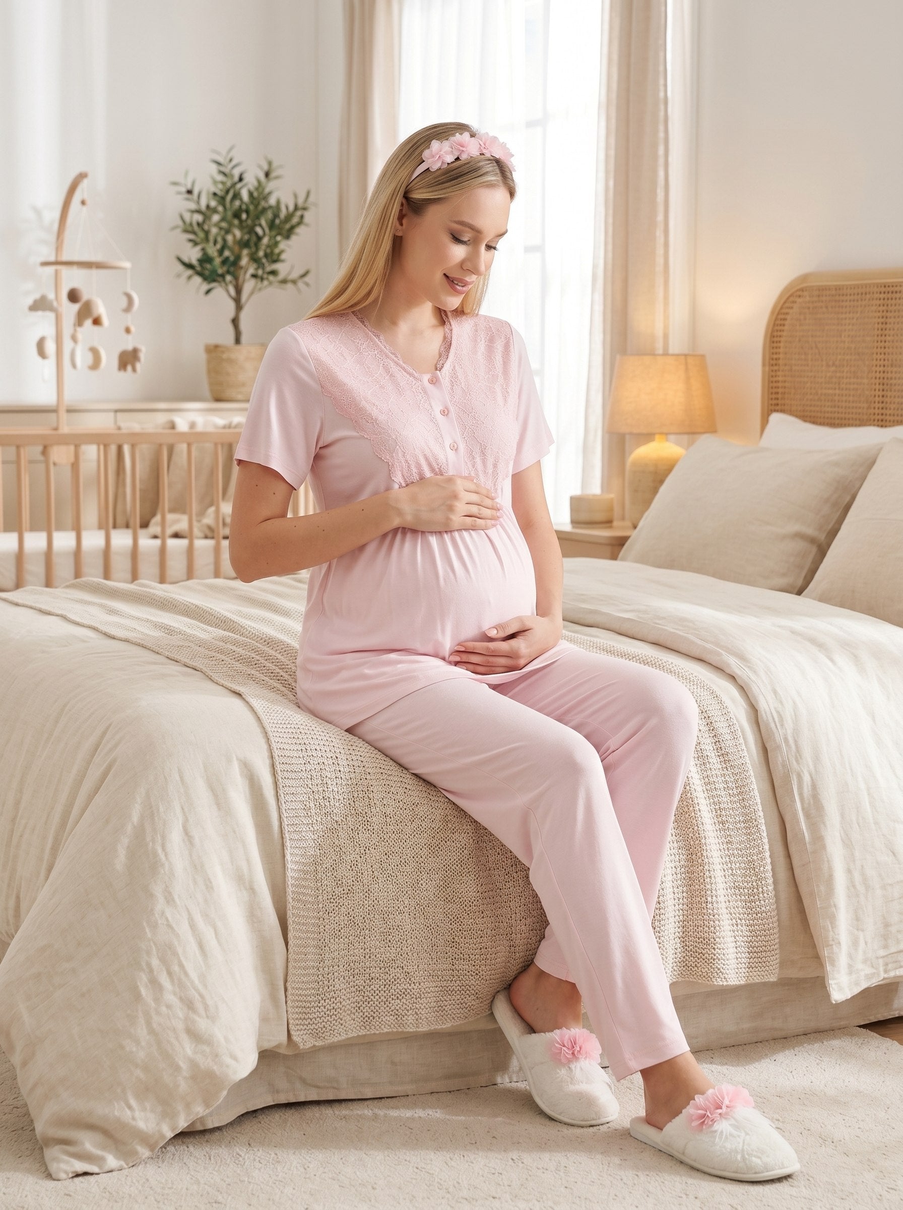 Yeni Sezon Pembe Dokuma Sabahlıklı Kısa Kollu Yazlık Özel Tasarım Hamile Lohusa Sabahlıklı Pijama Takımı Seti 96