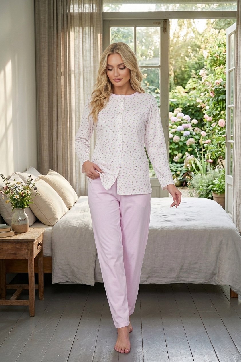 Yeni Sezon Kadın Şal Yaka Pembe Desenli Düğmeli Pamuk Büyük Beden Battal Boy Sabahlık Pijama Takımı Seti 6398