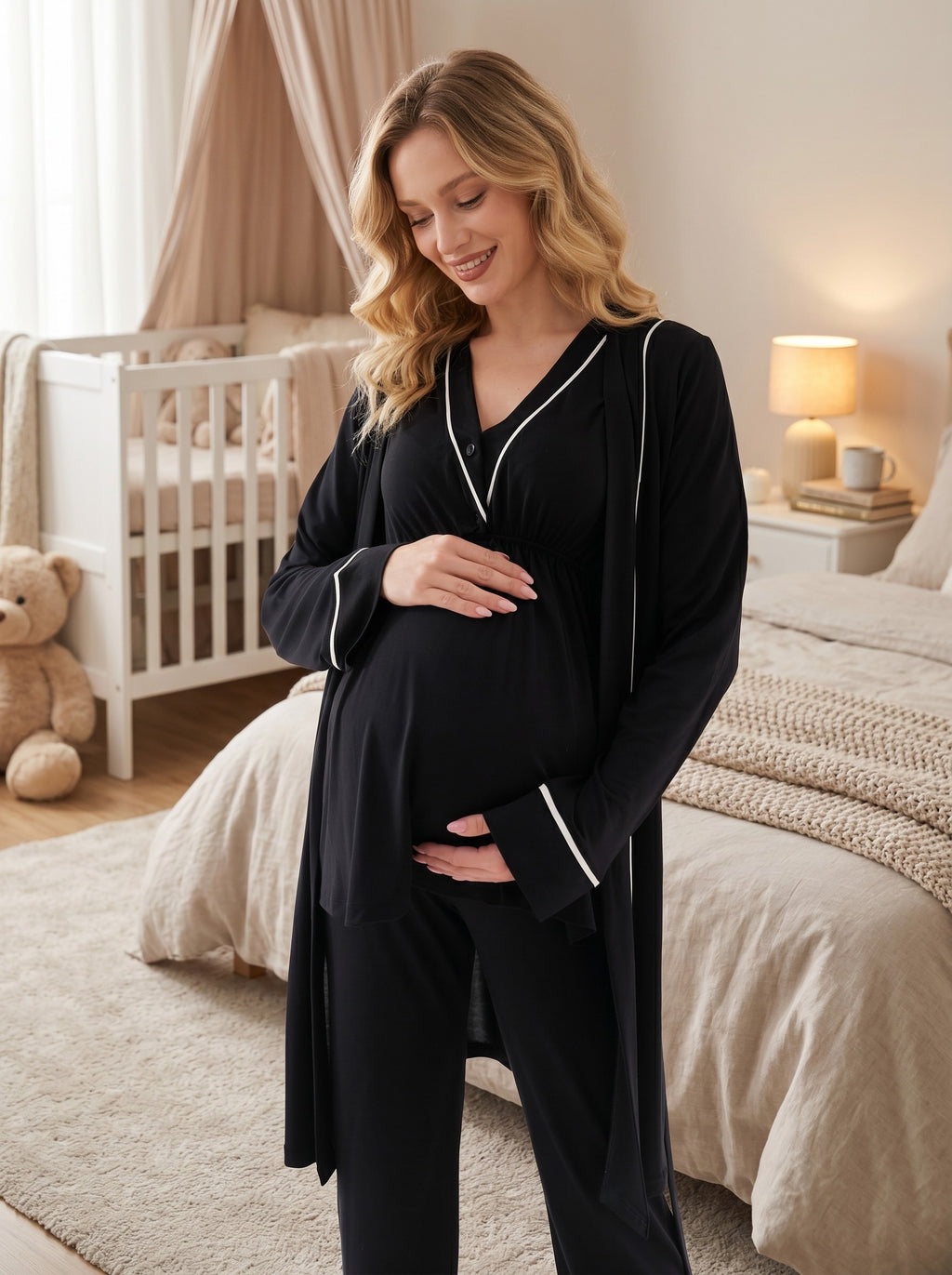 Yeni Sezon Siyah Pamuk  Kısa Kol Yazlık Özel Tasarım Hamile Lohusa Sabahlıklı Pijama Takımı Seti T10