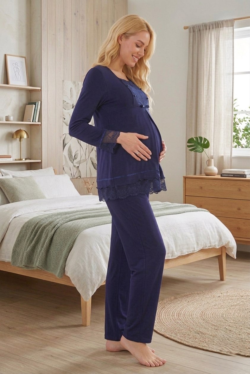 Yeni Sezon Kadın Lacivert Dantelli Düğmeli Özel Tasarım %100 Pamuk Hamile Lohusa Pijama Takımı 3045