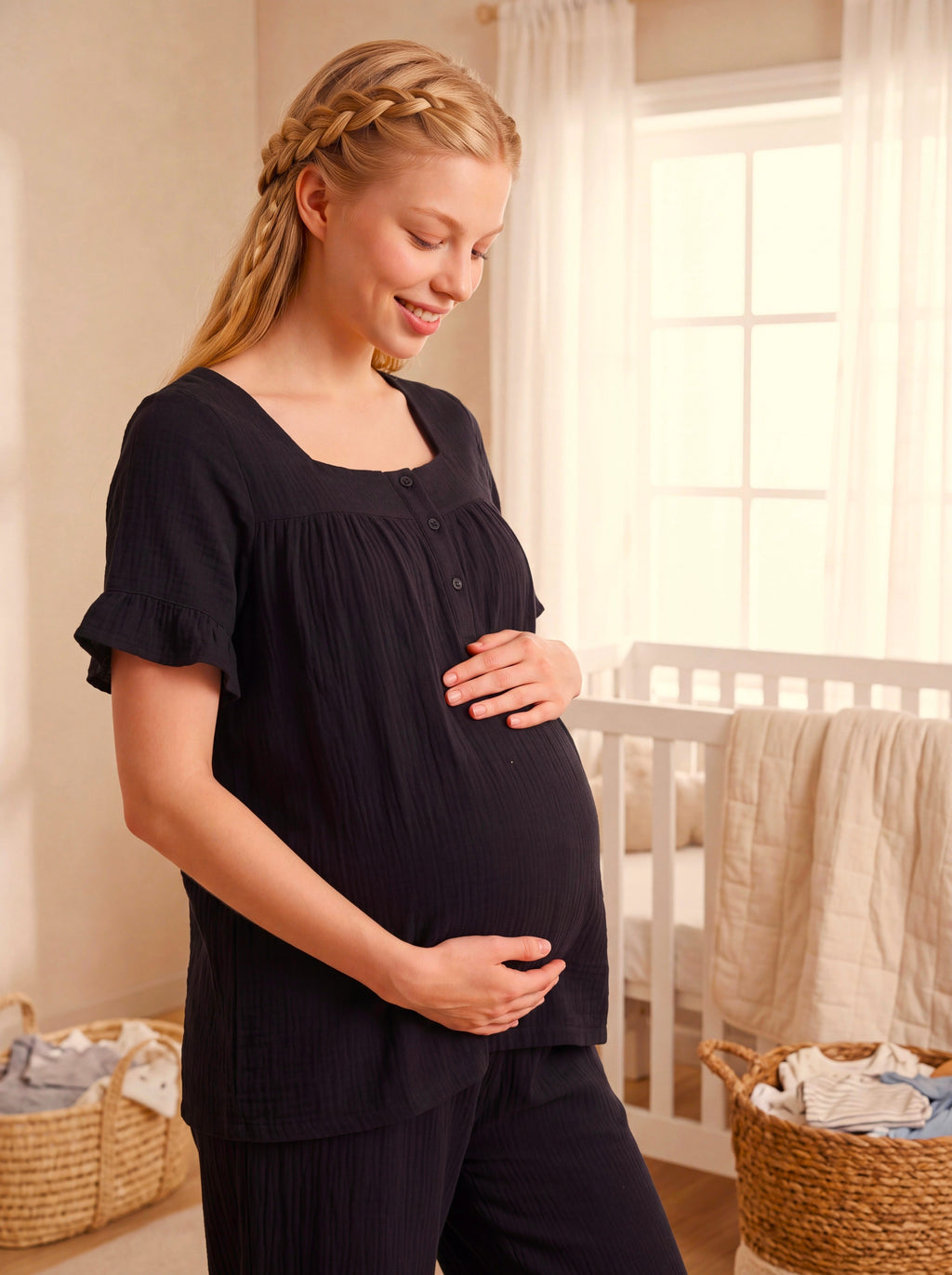 Yeni Sezon Siyah Müslin Kumaş Düğmeli Kolay Emzirme Özellikli Tasarım Fırfır Kol Detaylı Yazlık %100 Pamuk Hamile Lohusa Pijama Takımı 13082