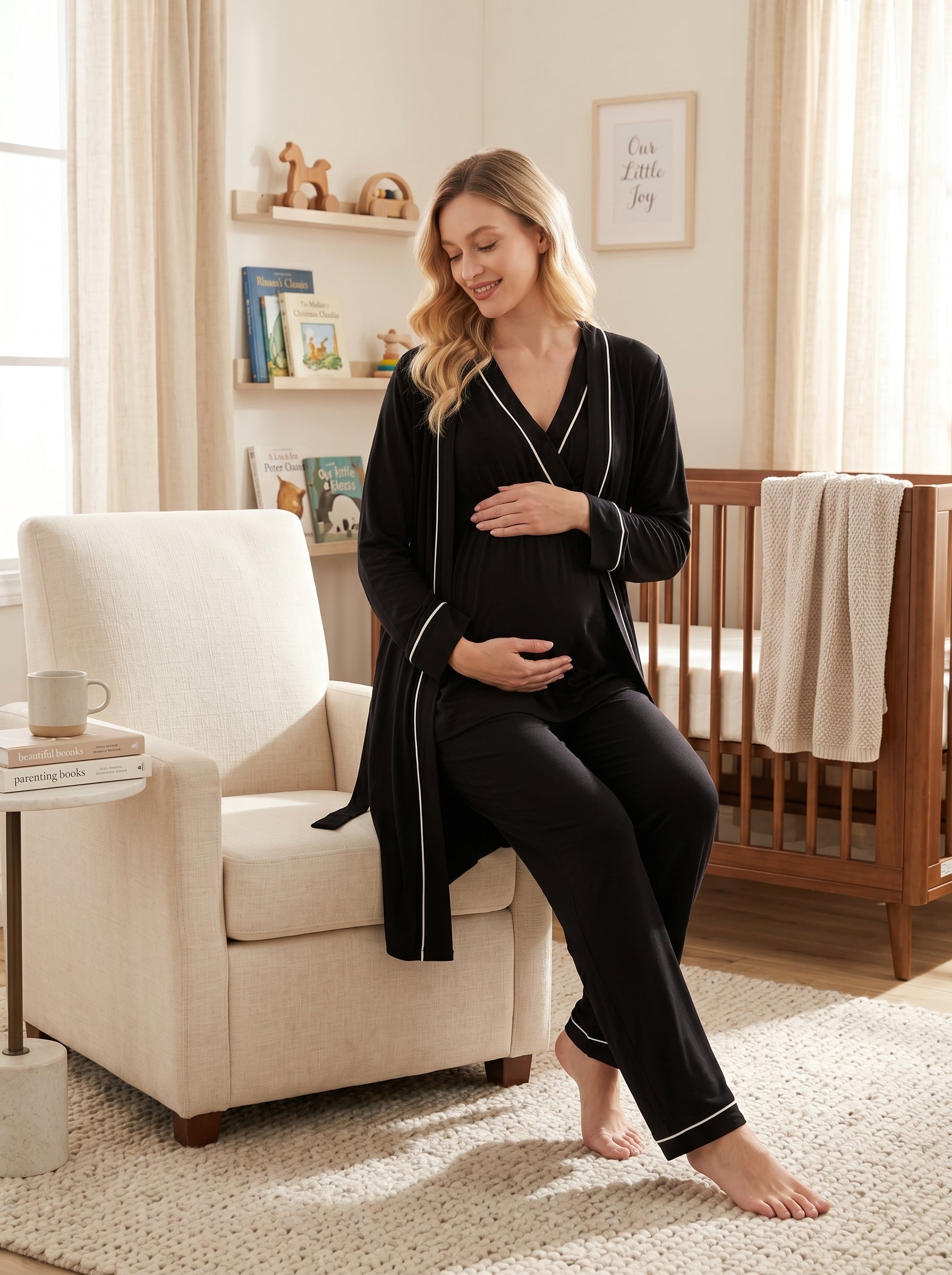 Yeni Sezon Siyah Pamuk  Kısa Kol Yazlık Özel Tasarım Hamile Lohusa Sabahlıklı Pijama Takımı Seti T10