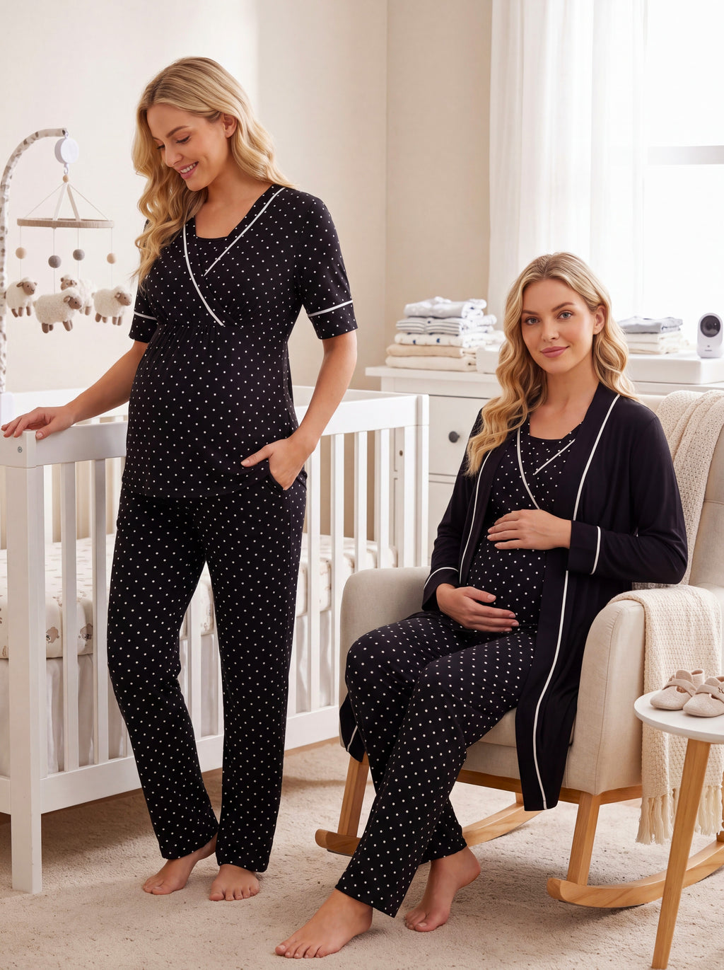 Yeni Sezon Siyah Puantiyeli Kolay Emzirme Özellikli Tasarım Kısa Kollu %100 Pamuk Hamile Lohusa Sabahlıklı Pijama Takımı Seti 12084