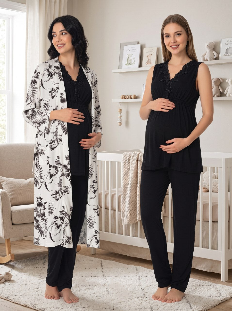Yeni Sezon Siyah Geniş Askılı Dantel Detaylı Tasarım Emzirme Özellikli Hamile Lohusa Sabahlıklı Pijama Takımı Seti 18034