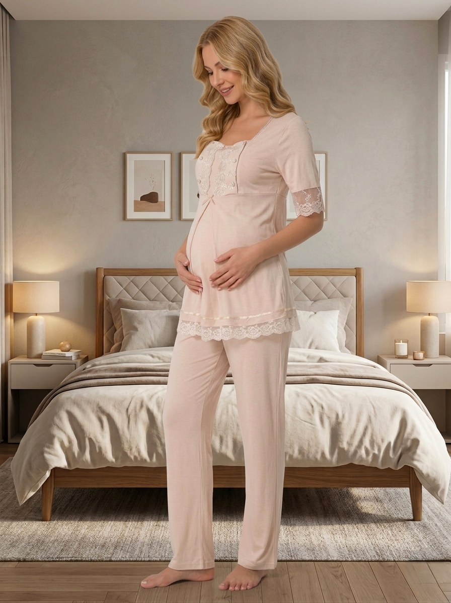 Yeni Sezon Bej Dantel Detaylı Yazlık Düğmeli Kısa Kol Hamile %100 Pamuk Lohusa Pijama Takımı 16032