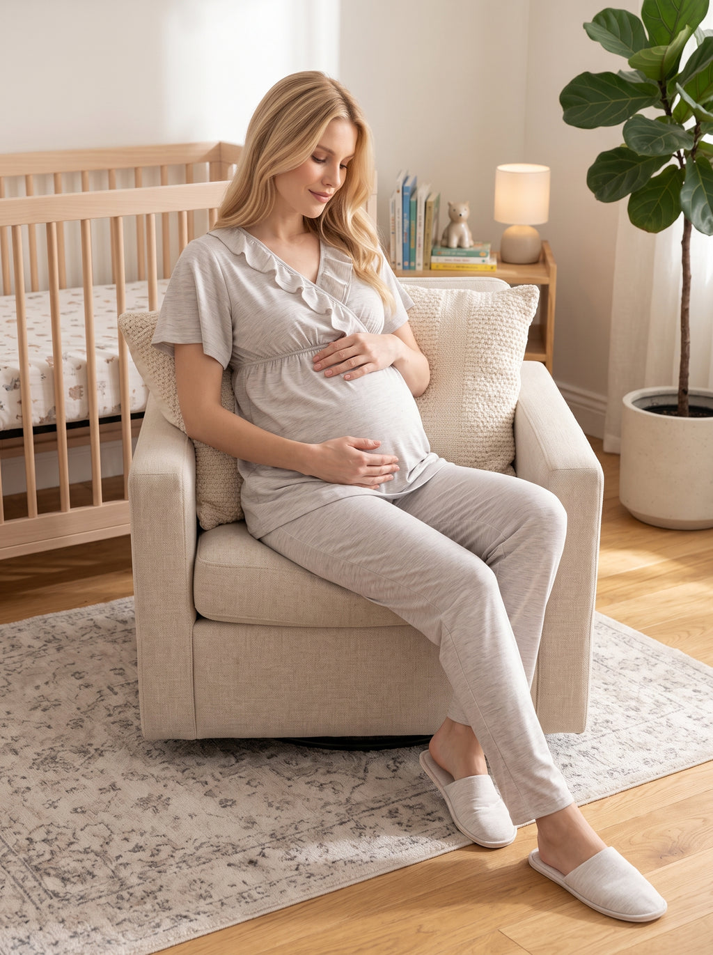 Yeni Sezon Vizon Volanlı Kolay Emzirme Özellikli Tasarım Kısa Kollu Hamile Lohusa Sabahlıklı Pijama Takımı Seti M6403