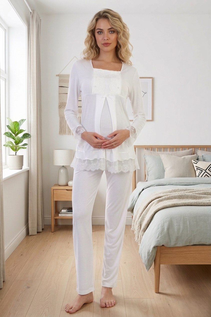 Yeni Sezon Kadın Ekru Dantelli Düğmeli Özel Tasarım %100 Pamuk Hamile Lohusa Pijama Takımı 3045