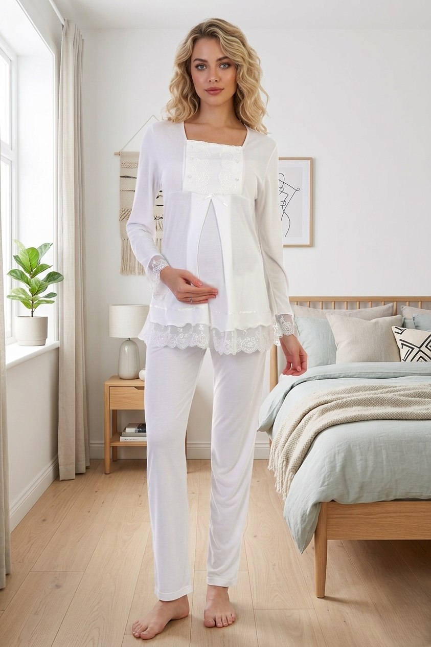 Yeni Sezon Kadın Ekru Dantelli Düğmeli Özel Tasarım %100 Pamuk Hamile Lohusa Pijama Takımı 3045