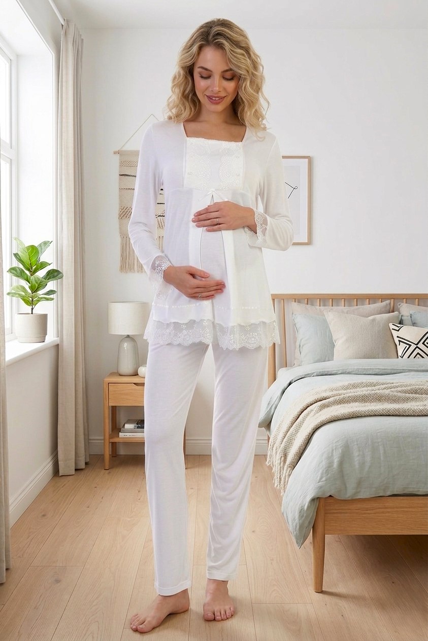 Yeni Sezon Kadın Ekru Dantelli Düğmeli Özel Tasarım %100 Pamuk Hamile Lohusa Pijama Takımı 3045
