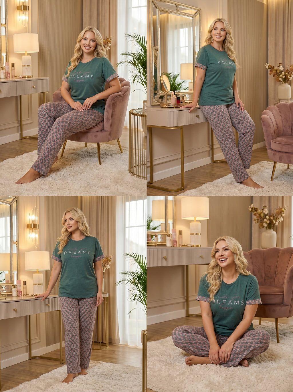 Yeni Sezon Kadın Yeşil Desenli Özel Tasarım Kısa Kol Yazlık Büyük Beden (Battal Boy) Pijama Takımı 10932