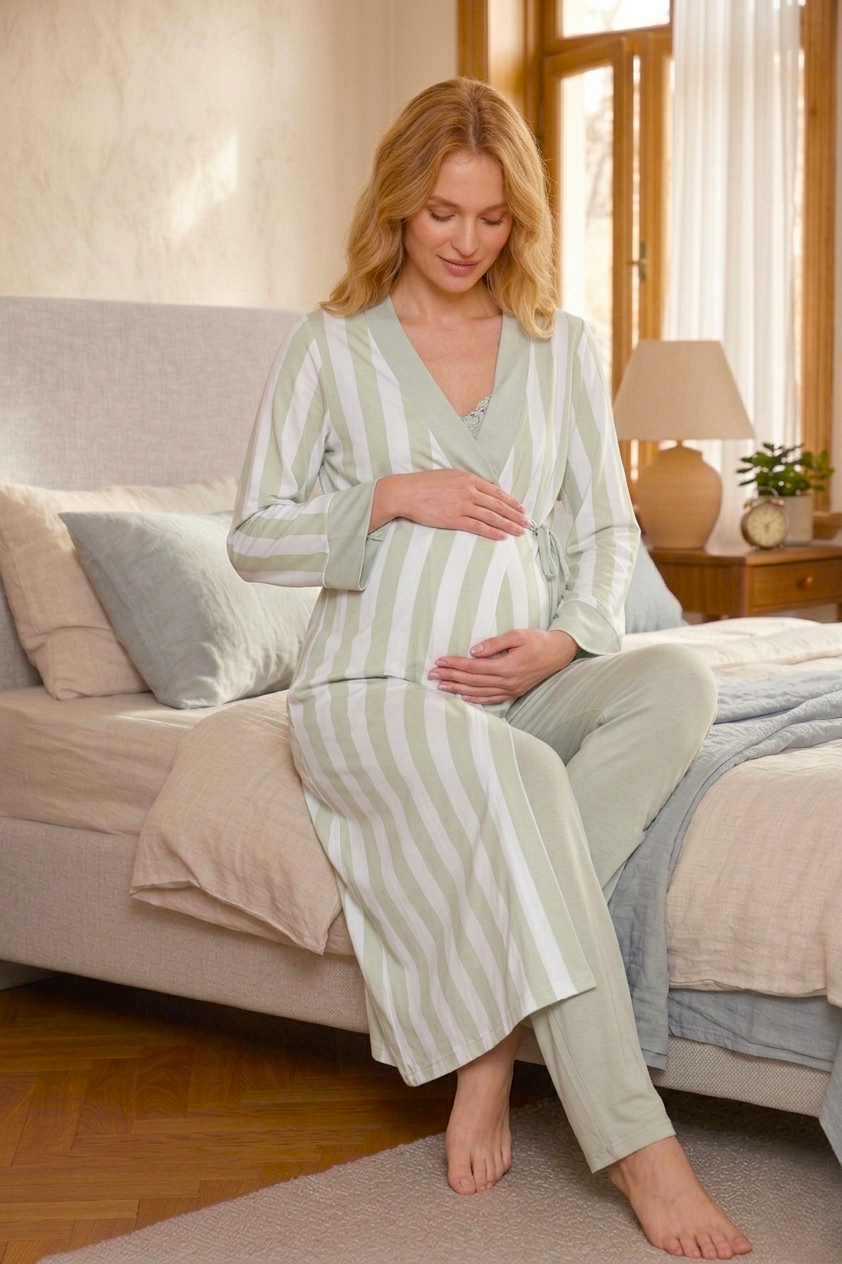 Yeni Sezon Yeşil Uzun Sabahlıklı Askılı Özel Tasarım Yazlık %100 Pamuk Hamile Lohusa Sabahlıklı Pijama Takımı Seti 9034