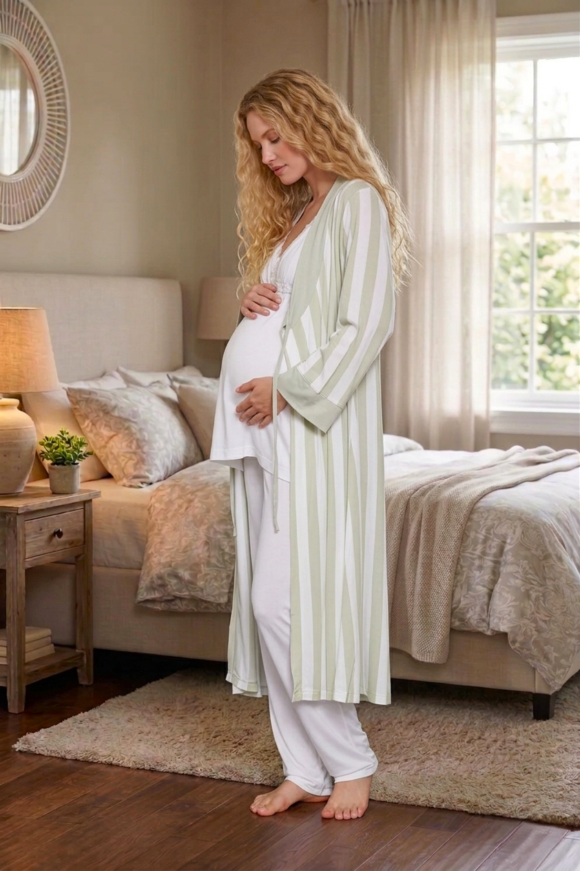 Yeni Sezon Yeşil Ekru Uzun Sabahlıklı Askılı Özel Tasarım Yazlık %100 Pamuk Hamile Lohusa Sabahlıklı Pijama Takımı Seti 9034