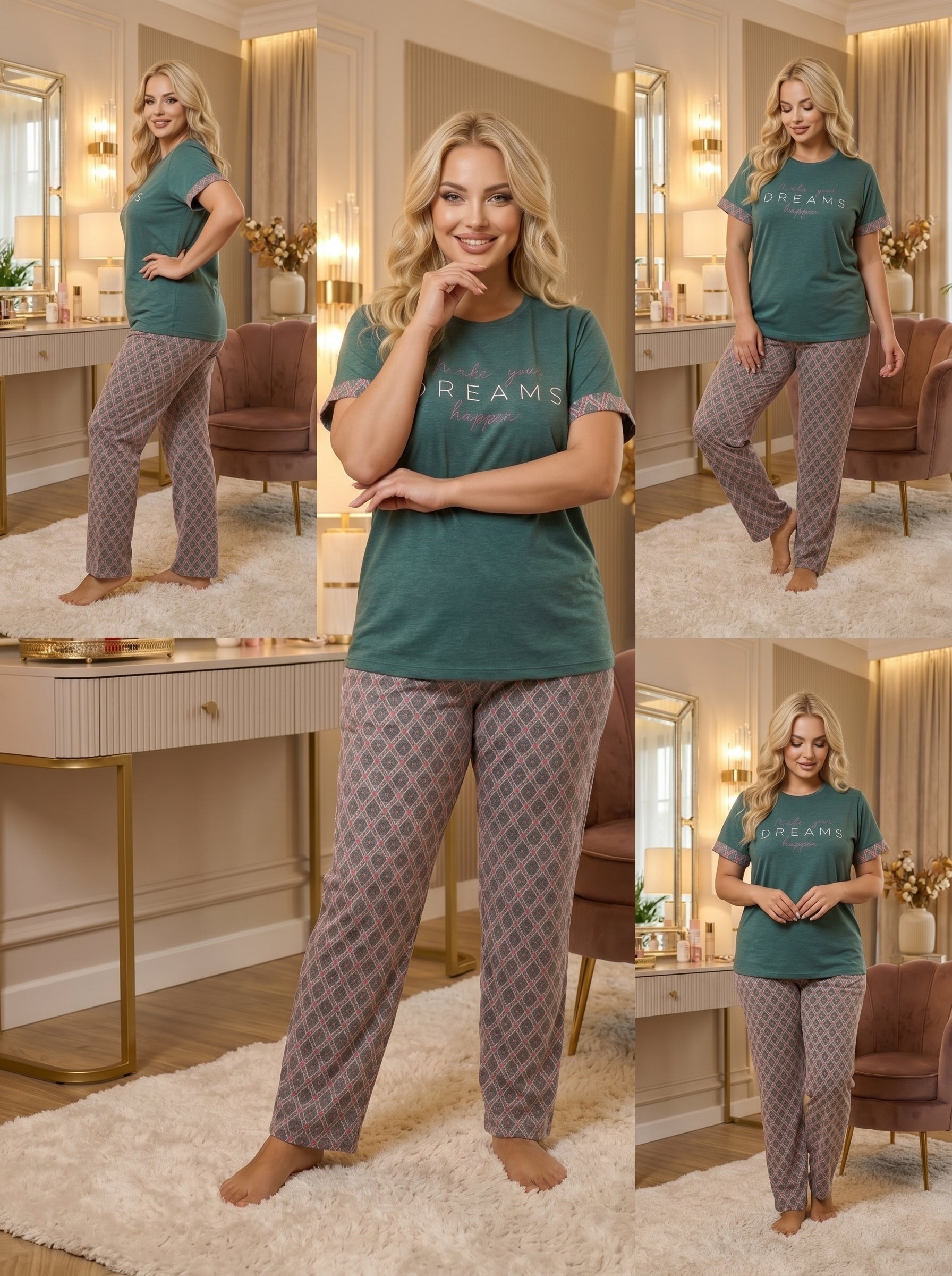 Yeni Sezon Kadın Yeşil Desenli Özel Tasarım Kısa Kol Yazlık Büyük Beden (Battal Boy) Pijama Takımı 10932