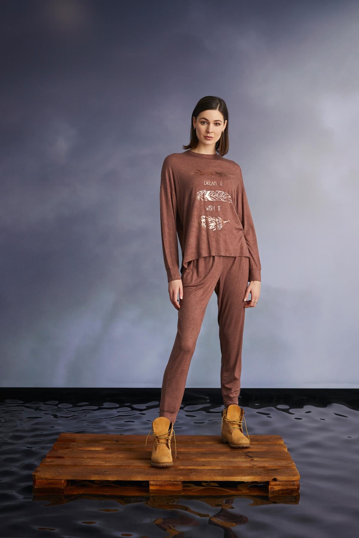 Yeni Sezon Kadın Tarçın Çiçek Baskılı Özel Tasarım Pijama Takımı - 22113