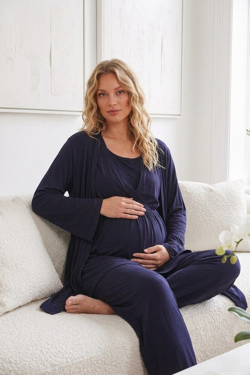 Yeni Sezon Lacivert Özel Tasarım Yazlık %100 Pamuk Hamile Lohusa Sabahlıklı Pijama Takımı Seti 532