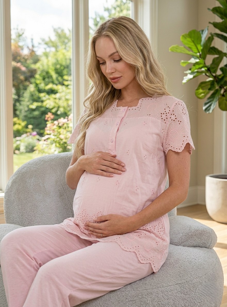 Yeni Sezon Pudra Fisto Keten Detaylı Özel Tasarım Yazlık %100 Pamuk Hamile Lohusa Pijama Takımı 9022