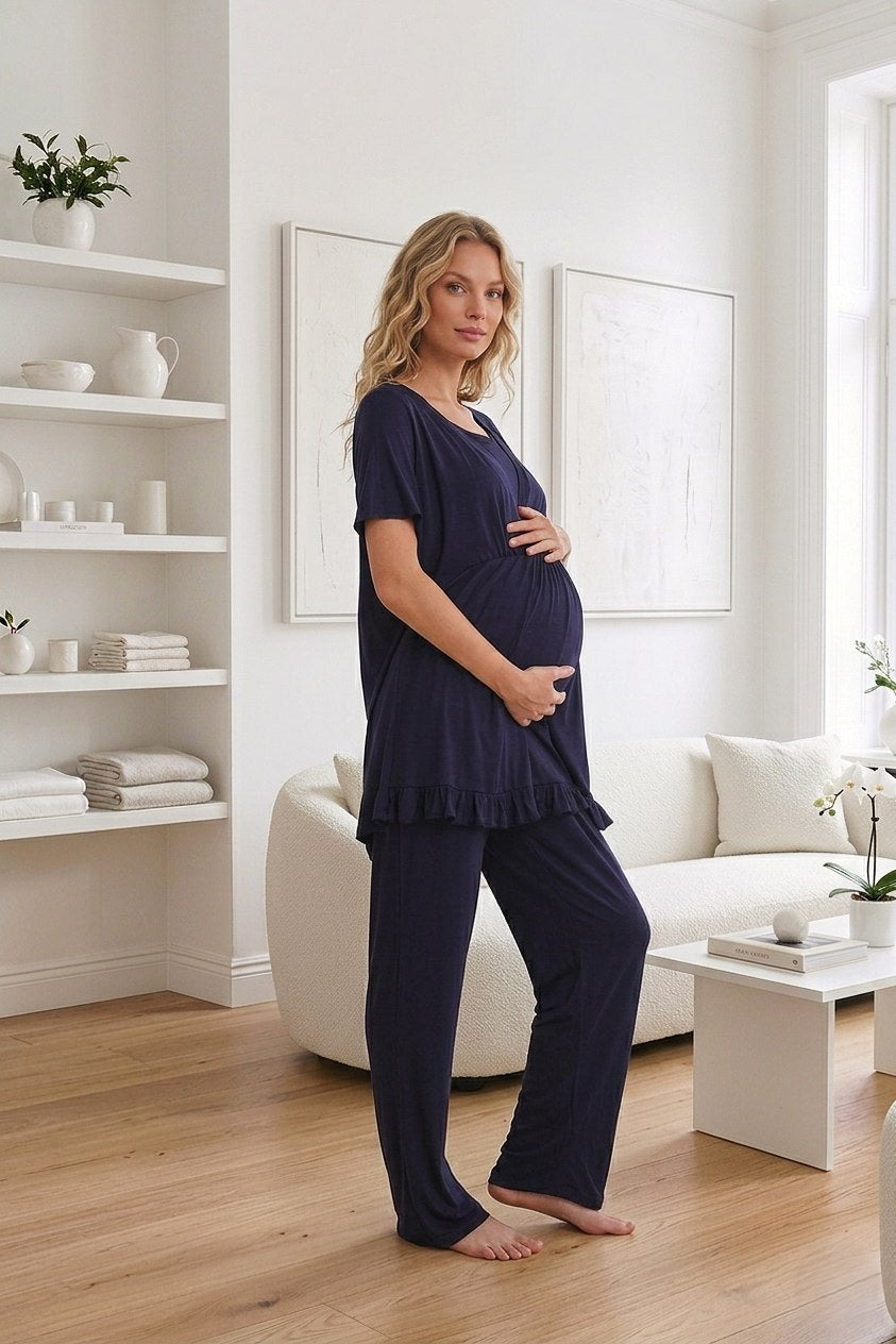 Yeni Sezon Lacivert Özel Tasarım Yazlık %100 Pamuk Hamile Lohusa Sabahlıklı Pijama Takımı Seti 532