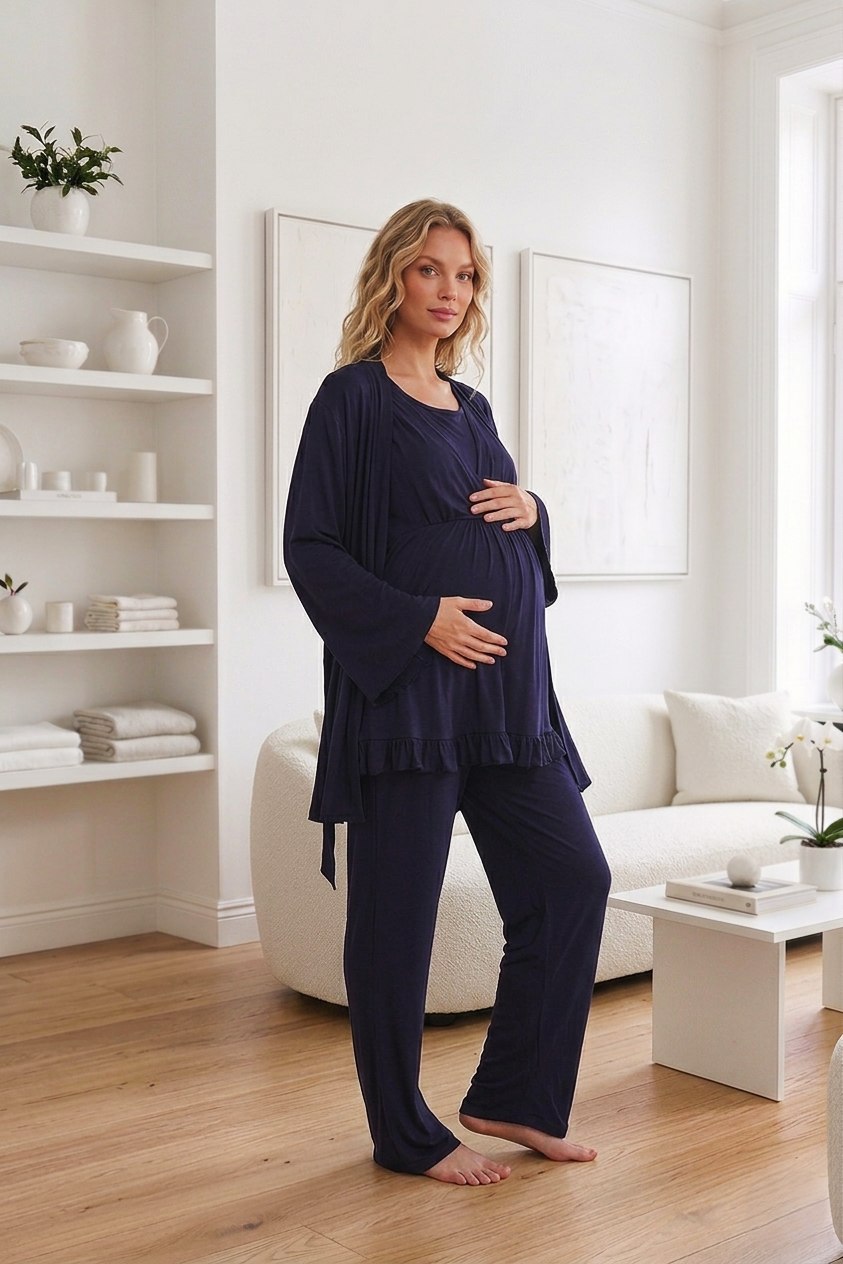 Yeni Sezon Lacivert Özel Tasarım Yazlık %100 Pamuk Hamile Lohusa Sabahlıklı Pijama Takımı Seti 532