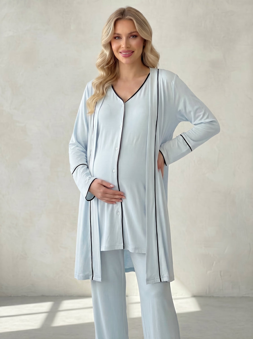 Mavi Önden Düğmeli Sabahlıklı Lohusa Pijama Takımı-2036